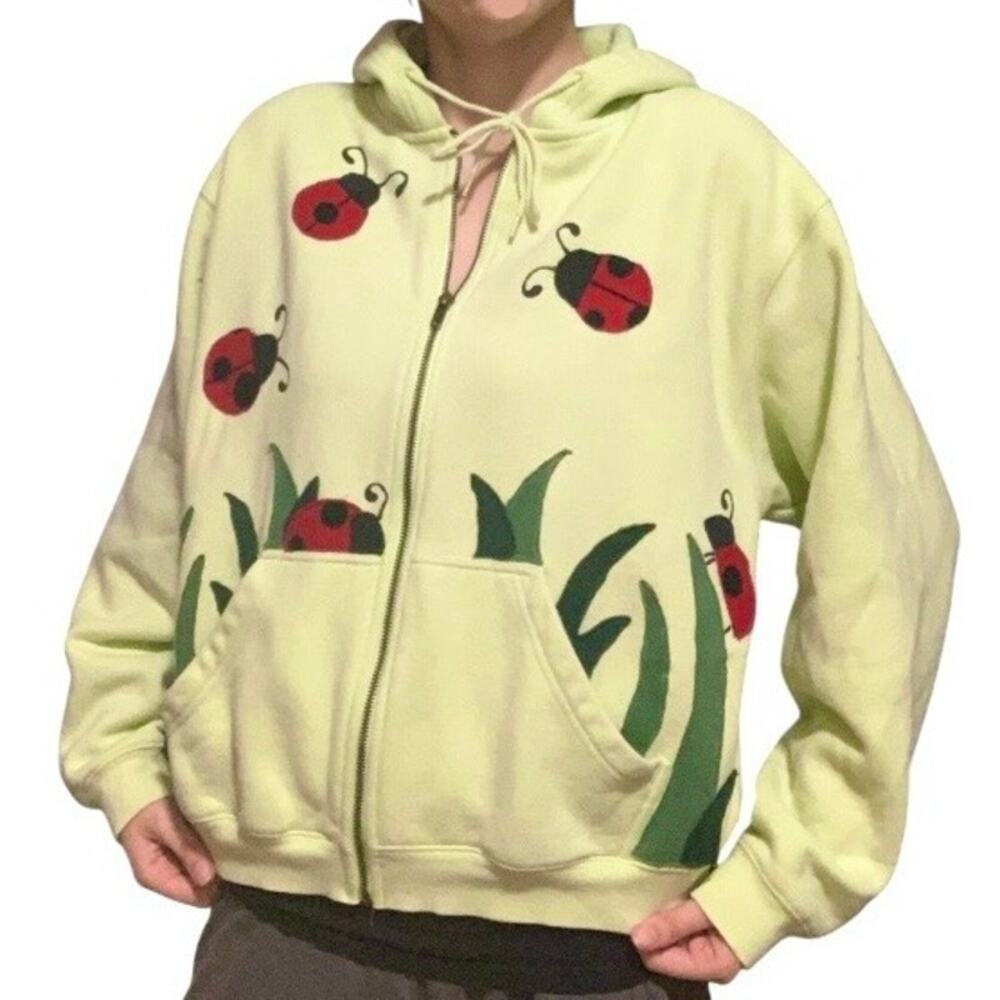 Custom Upcycled Ladybug Cottagecore Green Full-Zip Hoodie Large